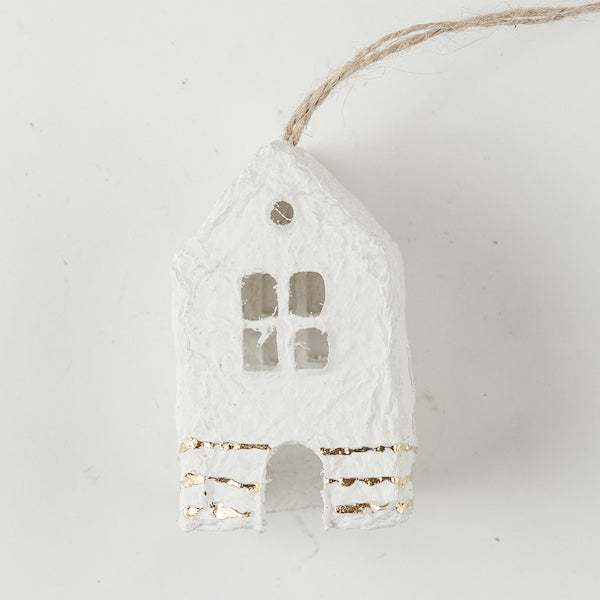 Papier Mache House Xmas Decoration - White